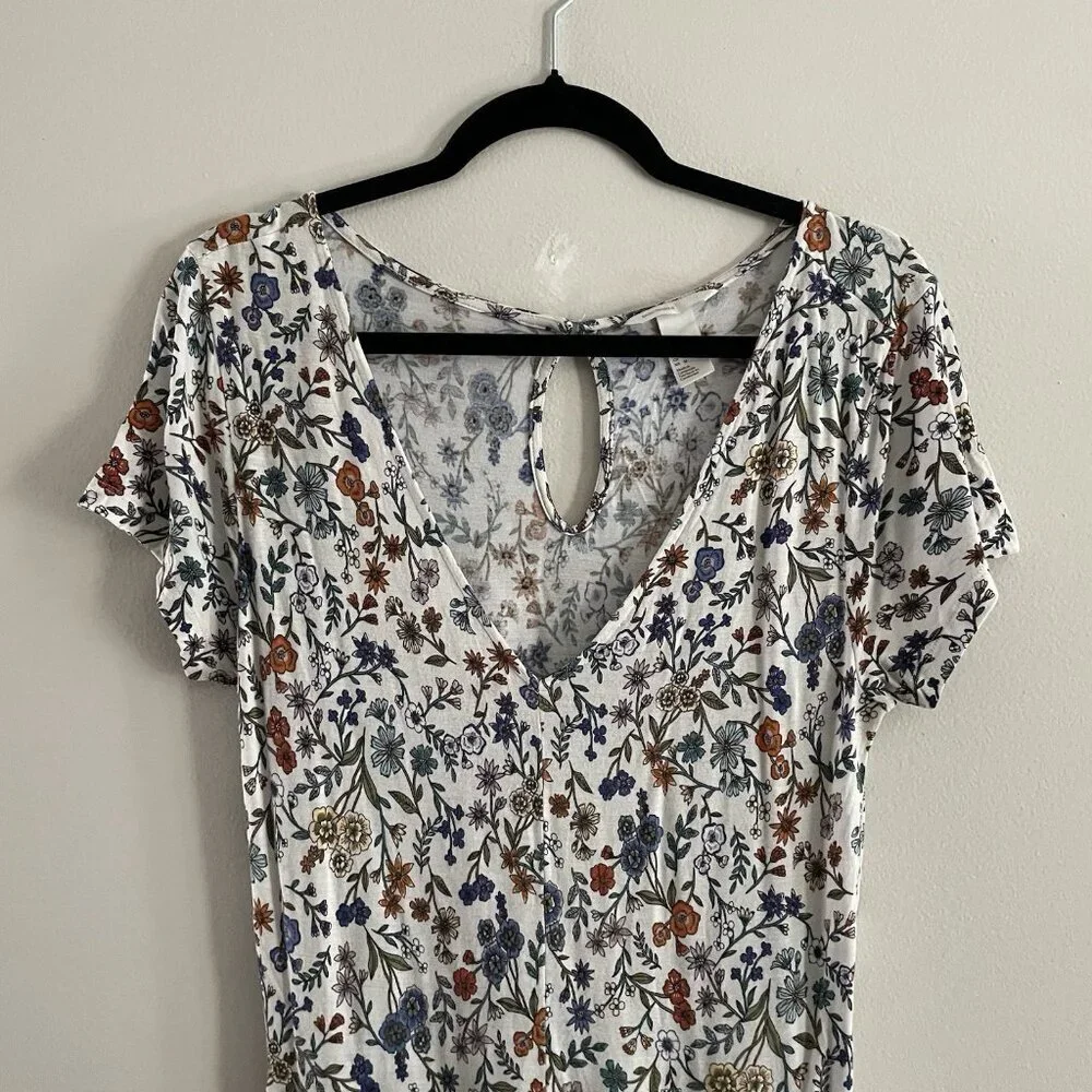 H&M Women M Ditsy Floral Boho V-Neck Short Sleeve Tapered Leg Jersey Jumpsuit